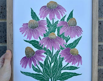 Echinacea Purple Coneflower Unique Hand-carved Linocut Block Print Art