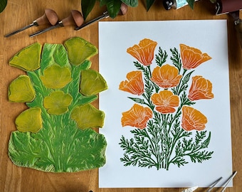 California Poppies, hand-carved and illustrated linocut print unique artwork