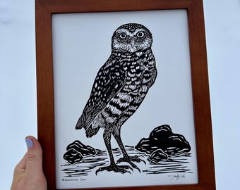 Burrowing Owl Hand Carved Linocut Print