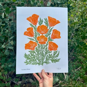 Amapolas de California, impresión en linograbado tallada e ilustrada a mano, obra de arte única