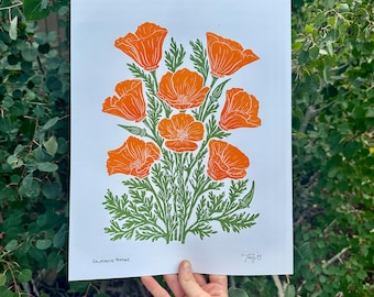 California Poppies, hand-carved and illustrated linocut print unique artwork