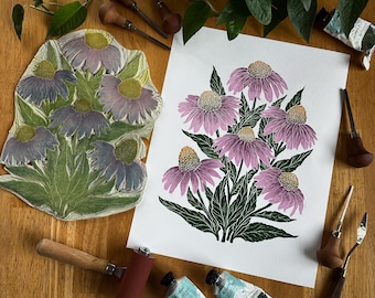 Echinacea Purple Coneflower Unique Hand-carved Linocut Block Print Art