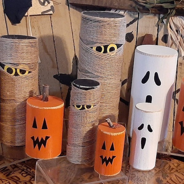 Halloween, Autumn, Wood Dowel Characters - Mummy, Ghost, Jack-o-lantern Pumpkin Shelf Décor