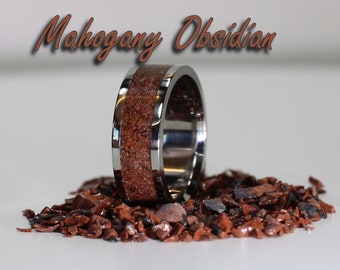 Mahogany Obsidian Ring, Crushed Stone Titanium Band