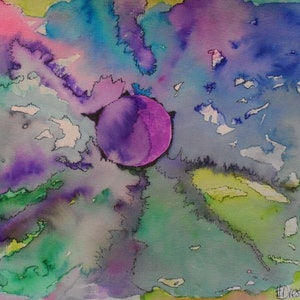 Watercolour &#39;Purple Planet&#39; by  un-framed 12&quot; x 9&quot; Unique original Abstract by UK artist