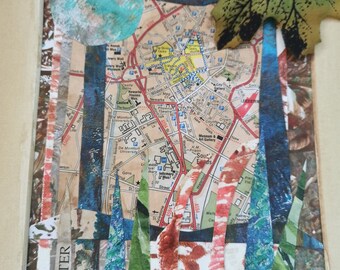 Collage Art 'Leicester Map' by UK Artist ..unframed with mount small artwork original unique. Affordable Art Birthday Thank You Gift