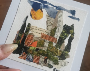 Petit collage artistique « Mini Landscape 5 » par un artiste britannique... Technique mixte sans cadre, petite oeuvre d&#39;art originale et unique. Cadeau d&#39;anniversaire abordable.