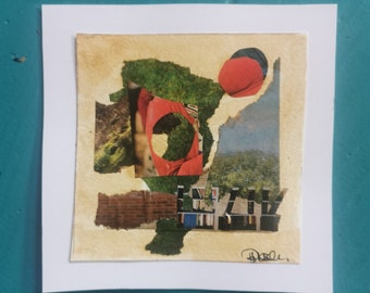 Petit collage artistique « Mini Landscape 8 » par un artiste britannique... Technique mixte sans cadre, petite oeuvre d&#39;art originale et unique. Cadeau d&#39;anniversaire abordable.
