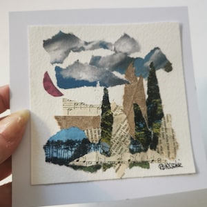 Small Collage Art &#39;Mini Landscape 3&#39; by UK Artist ..Mixed Media unframed , small original, unique artwork. Affordable Gift.