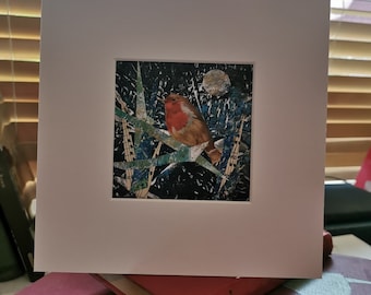 Collage Art 'Robin' by British Artist ..Mixed Media unframed with mount, small original, unique artwork.  Christmas Birthday Thank You Gift