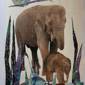 Indische asiatische Elefanten. Original Collage Kunst auf A4-Karte, ungerahmt von einem englischen Mixed Media Künstler. Einzigartige erschwingliche Kunst für Ihre Sammlung.