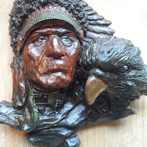 Indian Chief with Eagle wall plaque plaster retro wall hanger kitsch hand painted