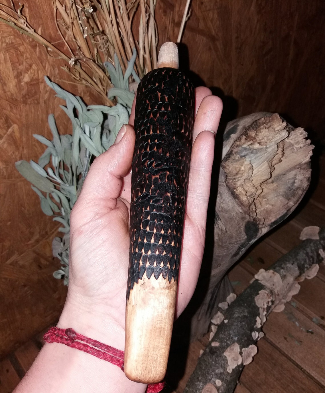 Shaman Native Pipe holder wooden. Total length 21 cm. Burnt Etsy