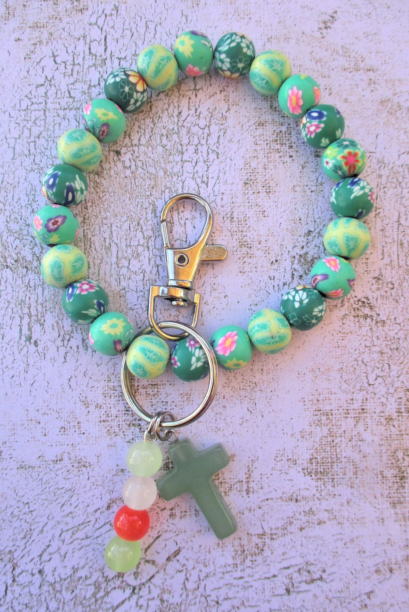 Key Chain Bracelet Green Floral Polymer Clay Beads Etsy