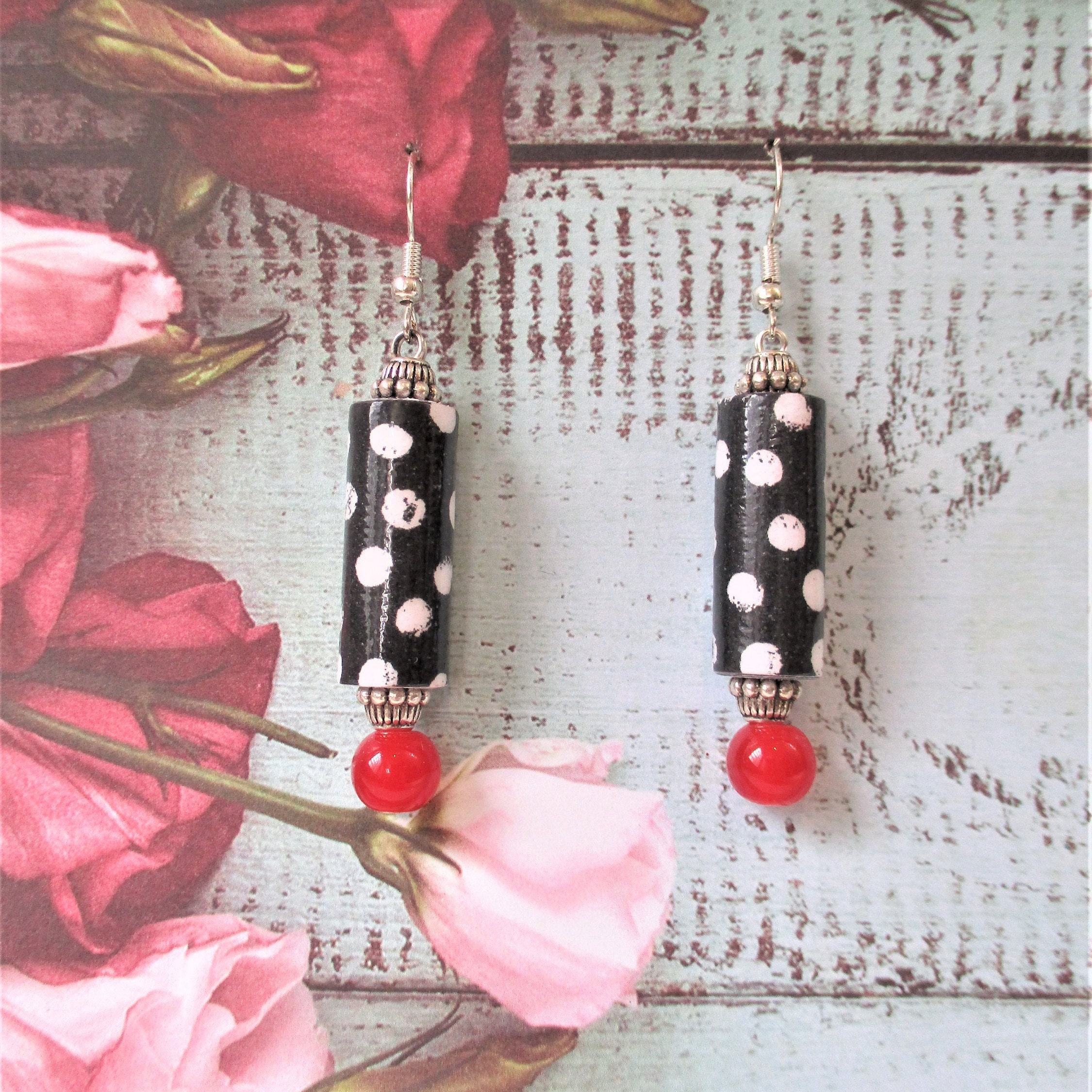 Paper Bead Earrings Hand Rolled Recycled Paper Polka Dot Etsy