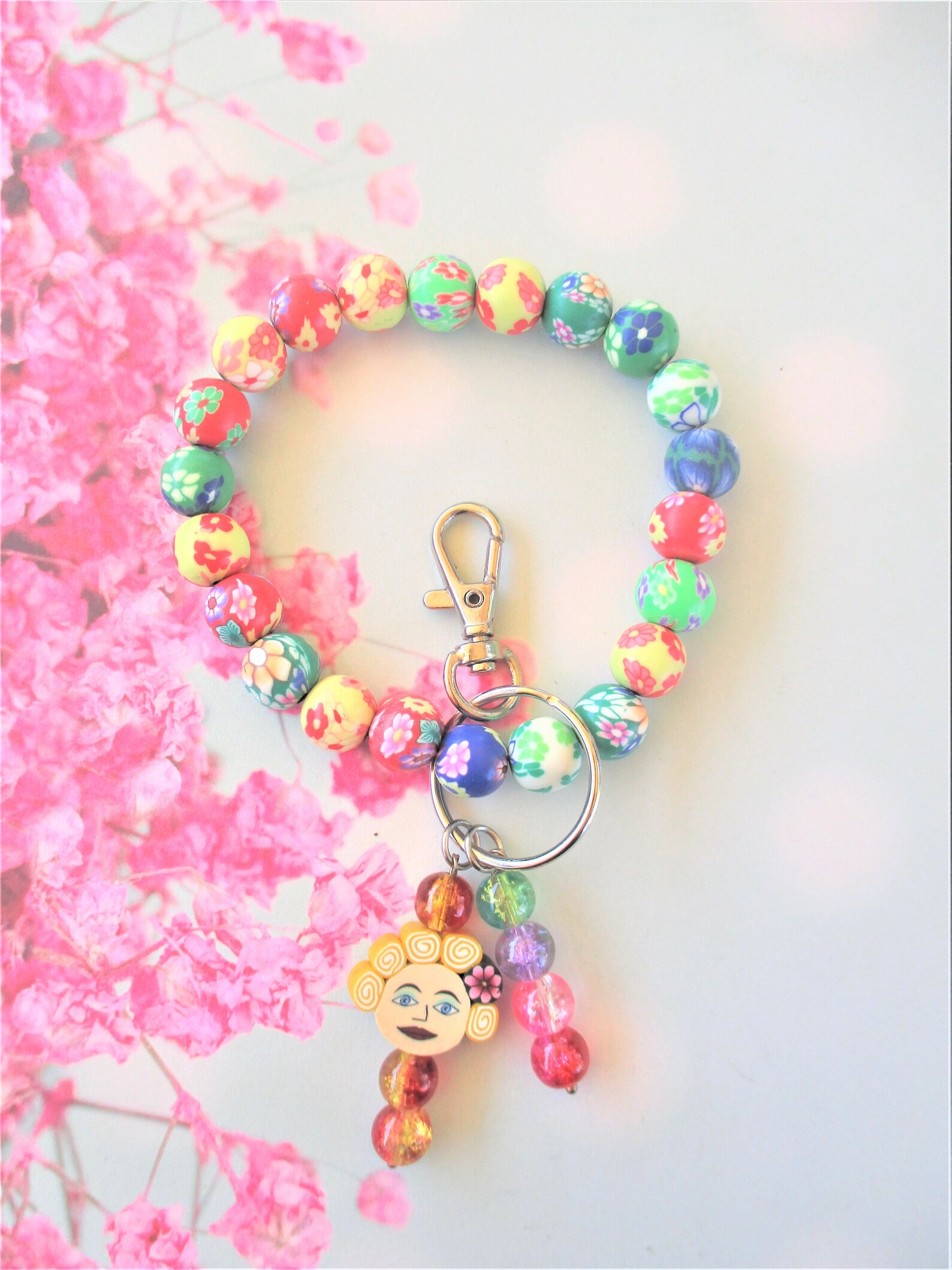 Key Chain Bracelet Multi Color Polymer Clay Beads Etsy