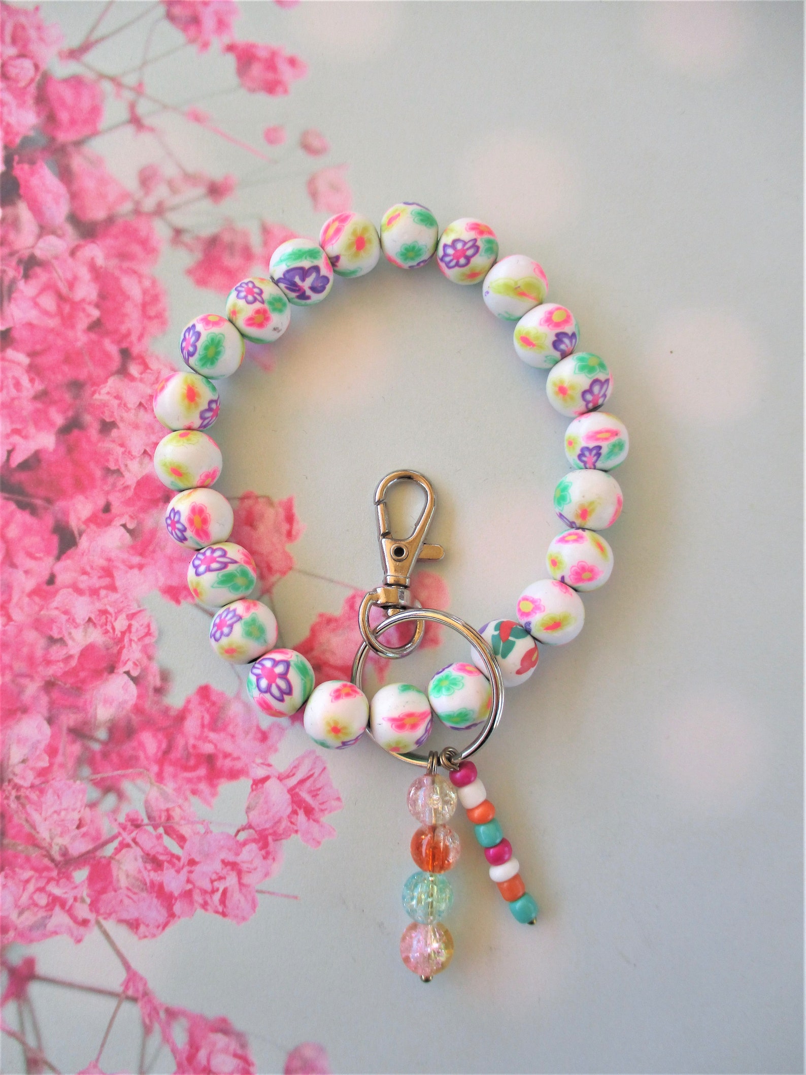 Key Chain Bracelet White Pink Green Floral Polymer Clay Etsy