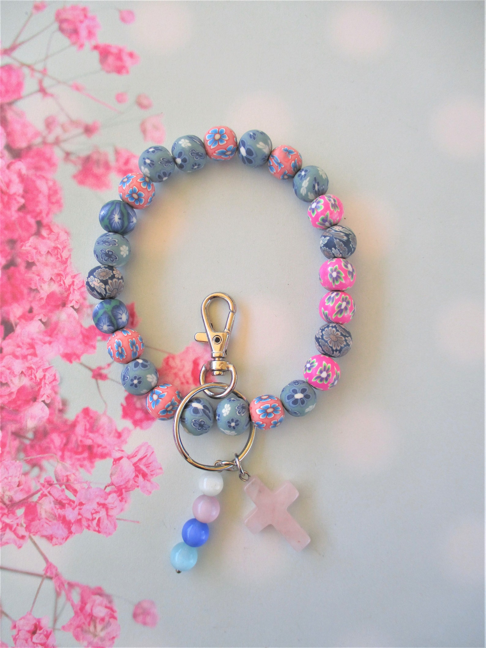 Key Chain Bracelet Blue Pink Purple Floral Polymer Clay Etsy