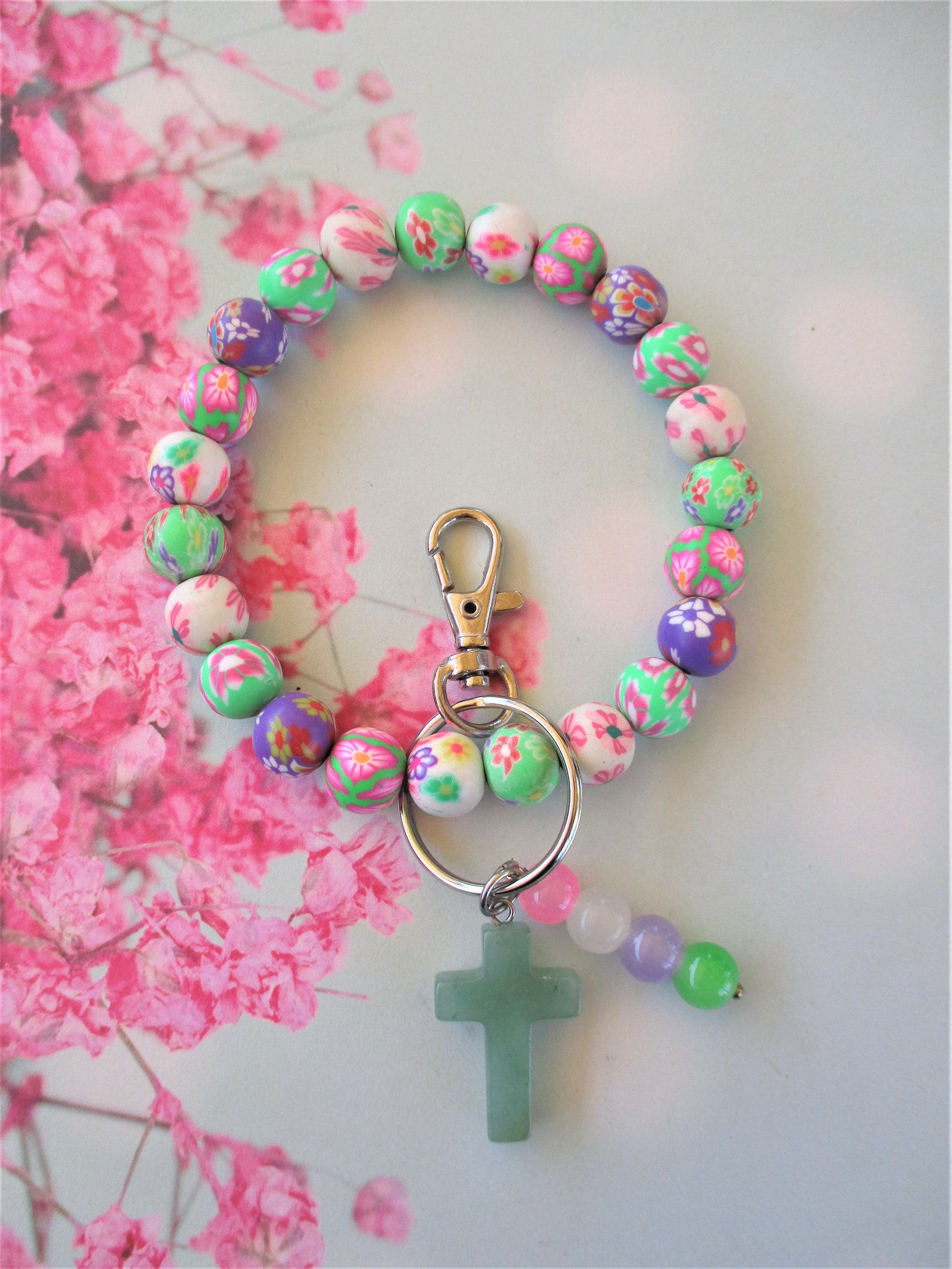 Key Chain Bracelet Green Multi Floral Tones With A Etsy