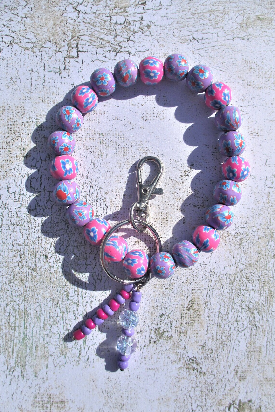 Key Chain Bracelet Purple And Pink Floral Polymer Clay Beads Etsy