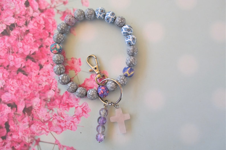 Multi Color Polymer Clay Beads With A Gemstone Cross Key Chain Bracelet Grey