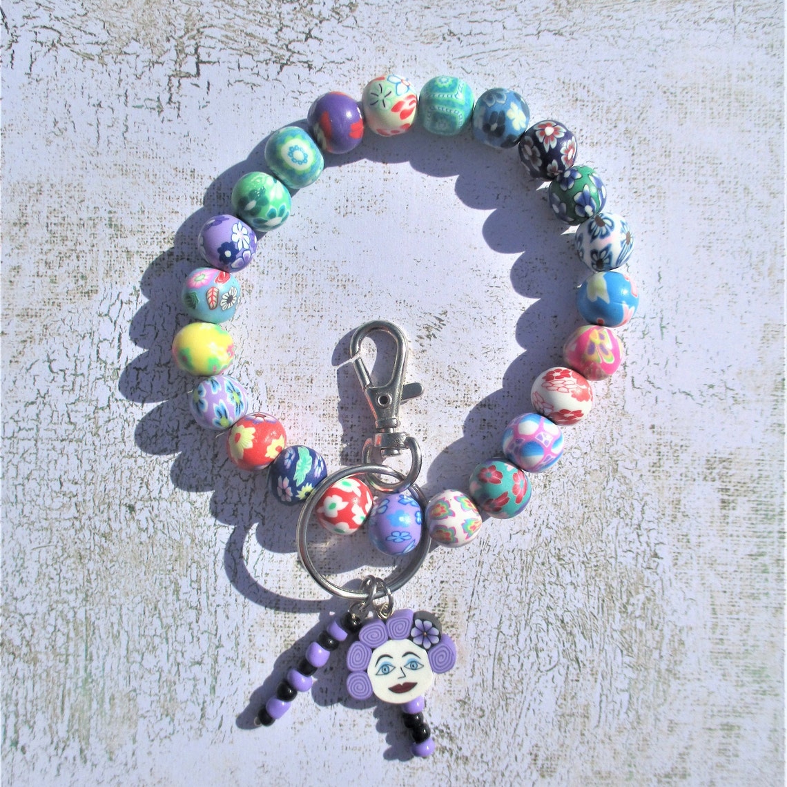 Key Chain Bracelet Multi Color Polymer Clay Beads Etsy