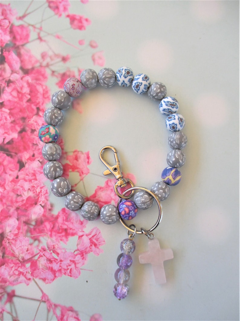 Multi Color Polymer Clay Beads With A Gemstone Cross Key Chain Bracelet Grey