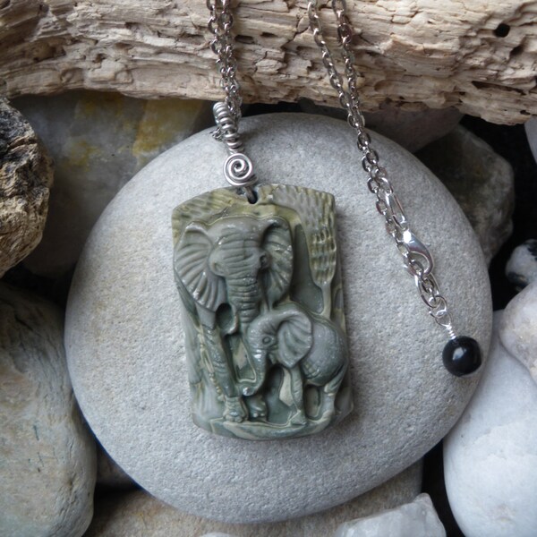 Mother and Baby Elephant  Pendant, Jasper, Black Obsidian necklace, wire wrap, handmade, unisex ,Power animal, Animal totem, Black Obsidian