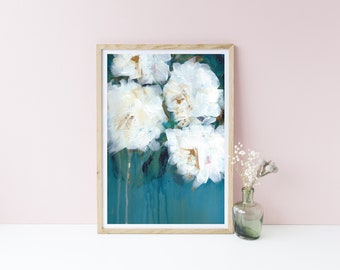 Abstract Floral Art Print - Unframed, White Peonies on Blue Background