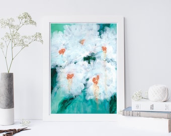 Contemporary Abstract Floral Original Art Print - White Peonies on Green Background Modern Art Print - Unframed