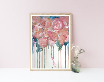 Contemporary Abstract Floral Original Art Print - Dripping Pink Roses Modern Art Print - Unframed