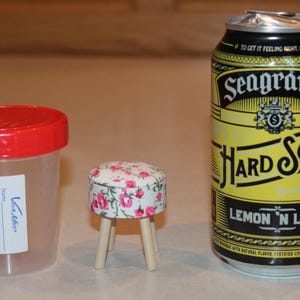 May include: An assortment of items includes a clear plastic specimen container with a red lid, a miniature stool with a floral pattern, and a Seagram's Hard Soda can with a yellow and black label. The soda can is labeled "Lemon 'N Lime."