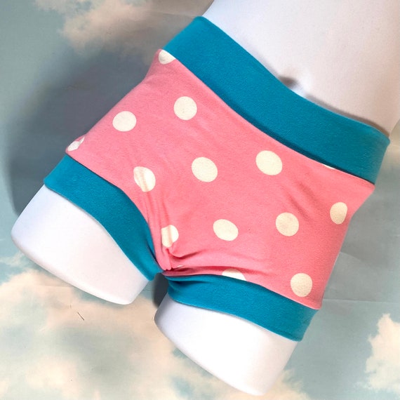 Tuck Buddies 2.0 KIDS - boy short style underwear with organic cotton fleece lining in the front for transgender kids in pink polka dots