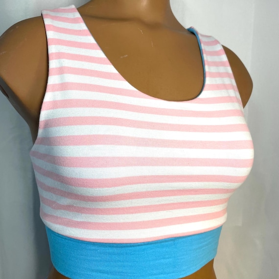 NEW* Bralette from Tuck Buddies of Destroy the Box Designs LLC - trans pride flag pink & white stripe with aqua band and lining