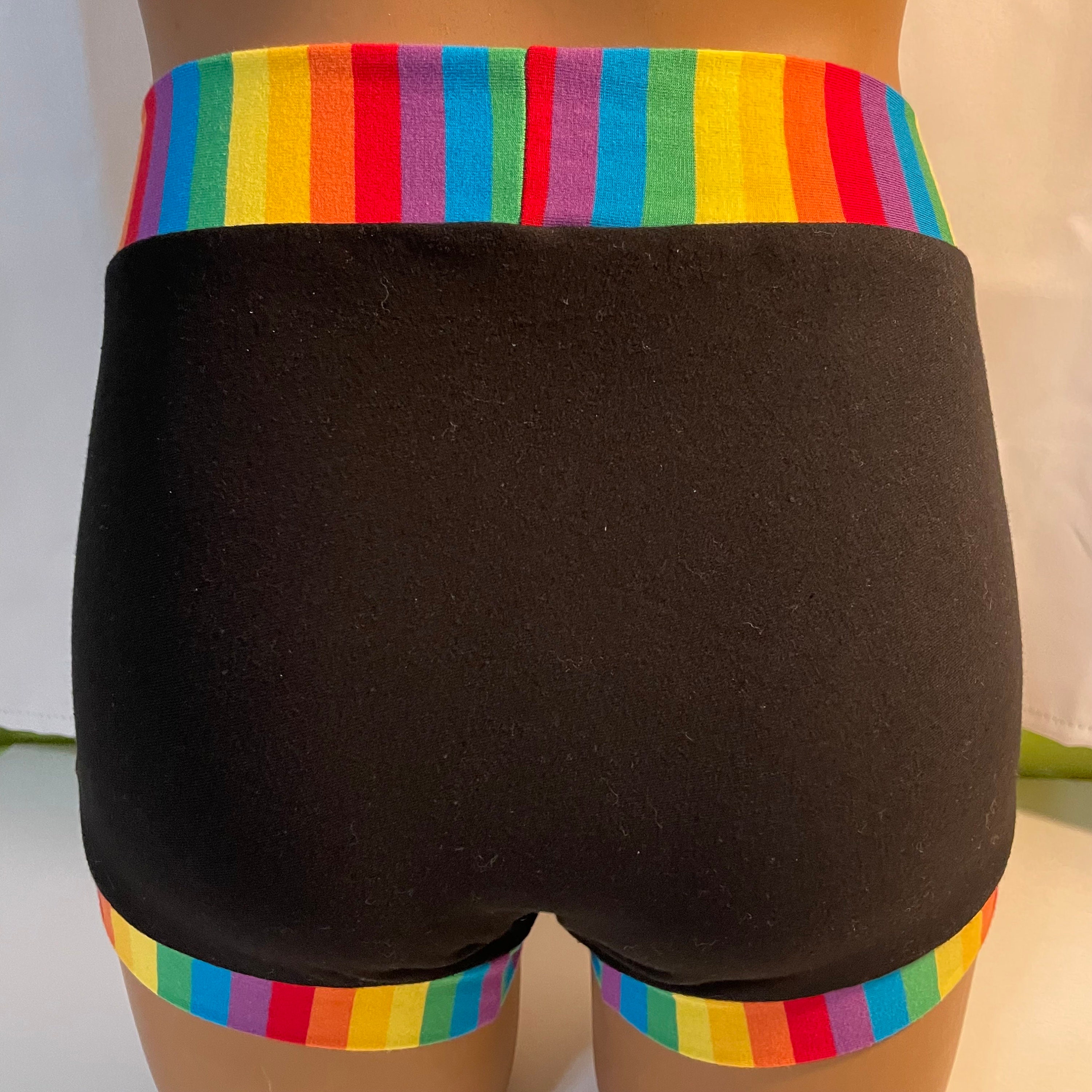 Tuck Buddies 2.0 ADULT - Transfemme / AMAB boyshort style tucking underwear.  1 pair of Tuck Buddies - Black w Rainbow Pride Stripe