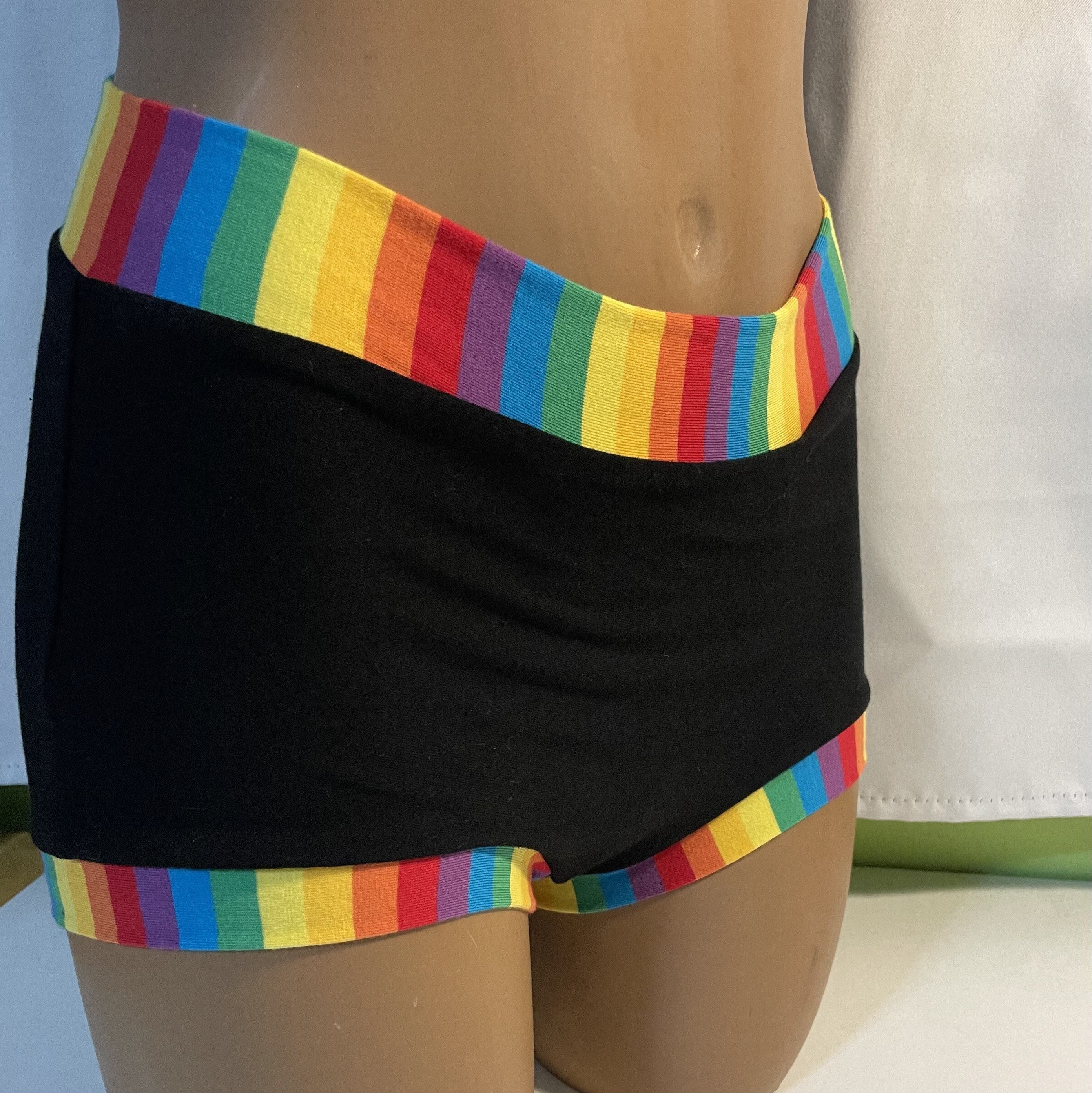 Tuck Buddies 2.0 ADULT - Transfemme / AMAB boyshort style tucking underwear.  1 pair of Tuck Buddies - Black w Rainbow Pride Stripe