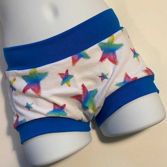 Tuck Buddies 2.0 KIDDOS - boyshort style tucking underwear for transgender kids - rainbow stars on white