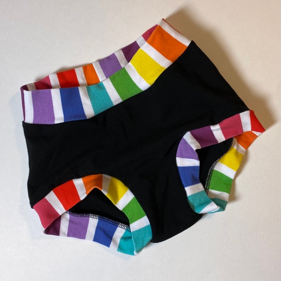Tuck Buddies 2.0 KIDDOS - boyshort style tucking underwear for transgender kids - black with white rainbow stripe trim
