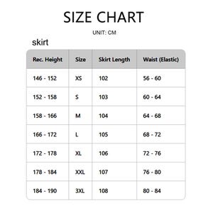 May include: A size chart for skirts, with measurements in centimeters. The chart includes recommended height, size (XS to 3XL), skirt length (102-108 cm), and waist measurements (56-84 cm). The text "SIZE CHART" is at the top.
