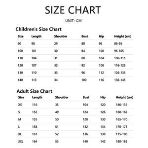 Puede incluir: Una tabla de tallas con medidas en cent&iacute;metros. La tabla se divide en tallas para ni&ntilde;os y adultos, que enumeran la talla, la longitud, el hombro, el busto, la cadera y la altura. El texto "SIZE CHART" est&aacute; en la parte superior.