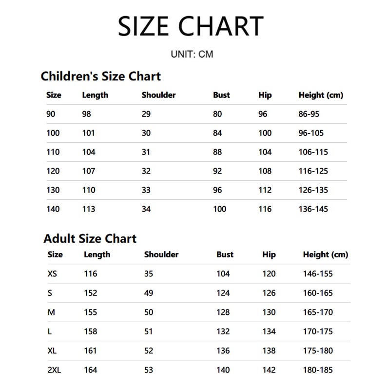 Puede incluir: Una tabla de tallas con medidas en cent&iacute;metros. La tabla se divide en tallas para ni&ntilde;os y adultos, que enumeran la talla, la longitud, el hombro, el busto, la cadera y la altura. El texto "SIZE CHART" est&aacute; en la parte superior.