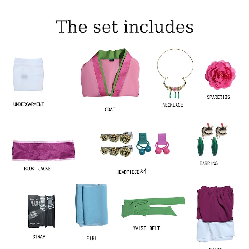 May include: A collection of costume pieces, including a pink coat with green and pink trim, a necklace, a pink flower, hair accessories, earrings, a book jacket, a strap, a blue fabric, a green waist belt, a skirt, and an undergarment. Text reads "The set includes."