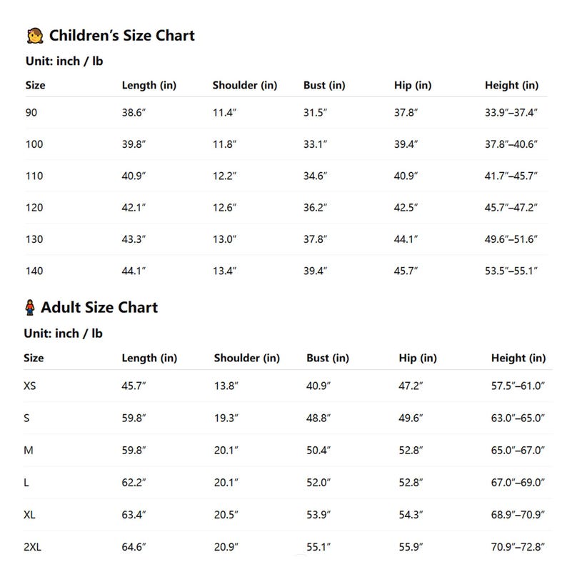 Puede incluir: Una tabla de tallas detallada para ni&ntilde;os y adultos, con medidas en pulgadas y libras. La tabla incluye tallas, largo, ancho de hombros, busto, cadera y altura para varias tallas, desde 90 hasta 2XL.