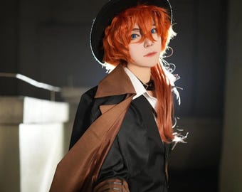 Chuya Nakahara cosplay, Chuya hat outfit, black tailcoat cosplay, gentleman style costume, anime-style cosplay, full cosplay set