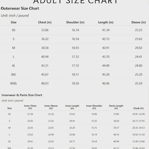 May include: An adult size chart with measurements in inches and pounds. The chart includes outerwear and innerwear sizes, detailing chest, shoulder, length, and sleeve measurements for various sizes, from XS to XXXL. It also lists inner chest, sleeve, length, shoulder, pants length, and cloak measurements.