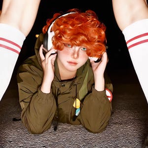 Peut inclure: Une personne aux cheveux bouclés roux vifs et aux taches de rousseur portant une veste verte et un casque blanc. La personne porte un collier avec un pendentif coloré et un écusson avec un symbole de paix. Des chaussettes blanches à rayures rouges sont visibles.