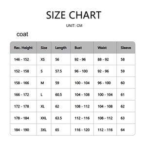 May include: A size chart for a coat, with measurements in centimeters. The chart includes sizes XS to 3XL, with corresponding measurements for length, bust, waist, and sleeve. The recommended height range is also provided.
