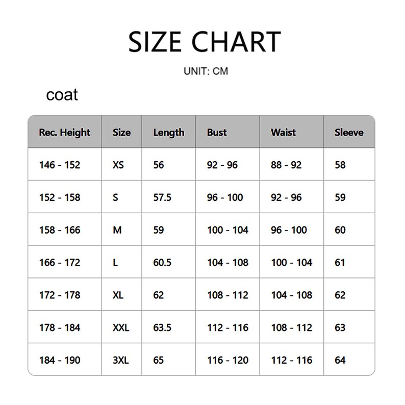 May include: A size chart for a coat, with measurements in centimeters. The chart includes sizes XS to 3XL, with corresponding measurements for length, bust, waist, and sleeve. The recommended height range is also provided.