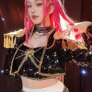Disfraz de cosplay negro y dorado de Rumi, cosplay de grupo de chicas, cosplay de Zoey Mira, cosplay de KPop
