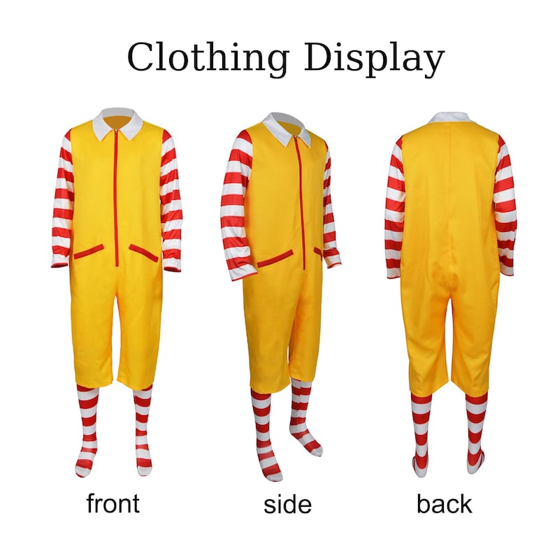 Puede incluir: Mono amarillo con ribete rojo y mangas y calcetines a rayas rojas y blancas. El atuendo tiene un cuello blanco y una cremallera roja. El texto "Clothing Display" est&aacute; en la parte superior de la imagen. Vistas frontal, lateral y trasera.